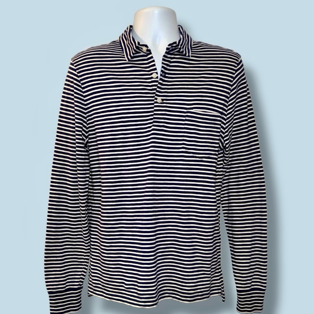J.Crew Men’s Long Sleeve Slub Cotton Polo Shirt Navy White Striped – Size M